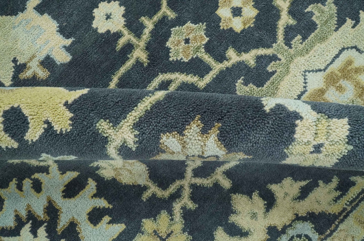Black, Silver and Olive Oushak Hand Knotted Custom Made Wool Rug - The Rug Decor