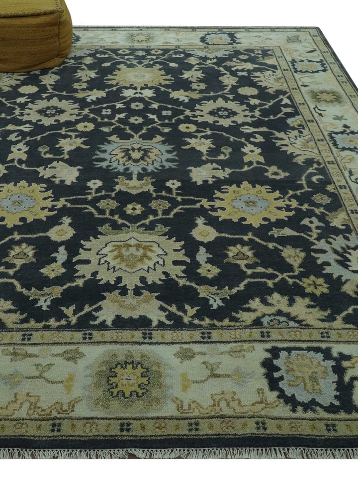 Black, Silver and Olive Oushak Hand Knotted Custom Made Wool Rug - The Rug Decor