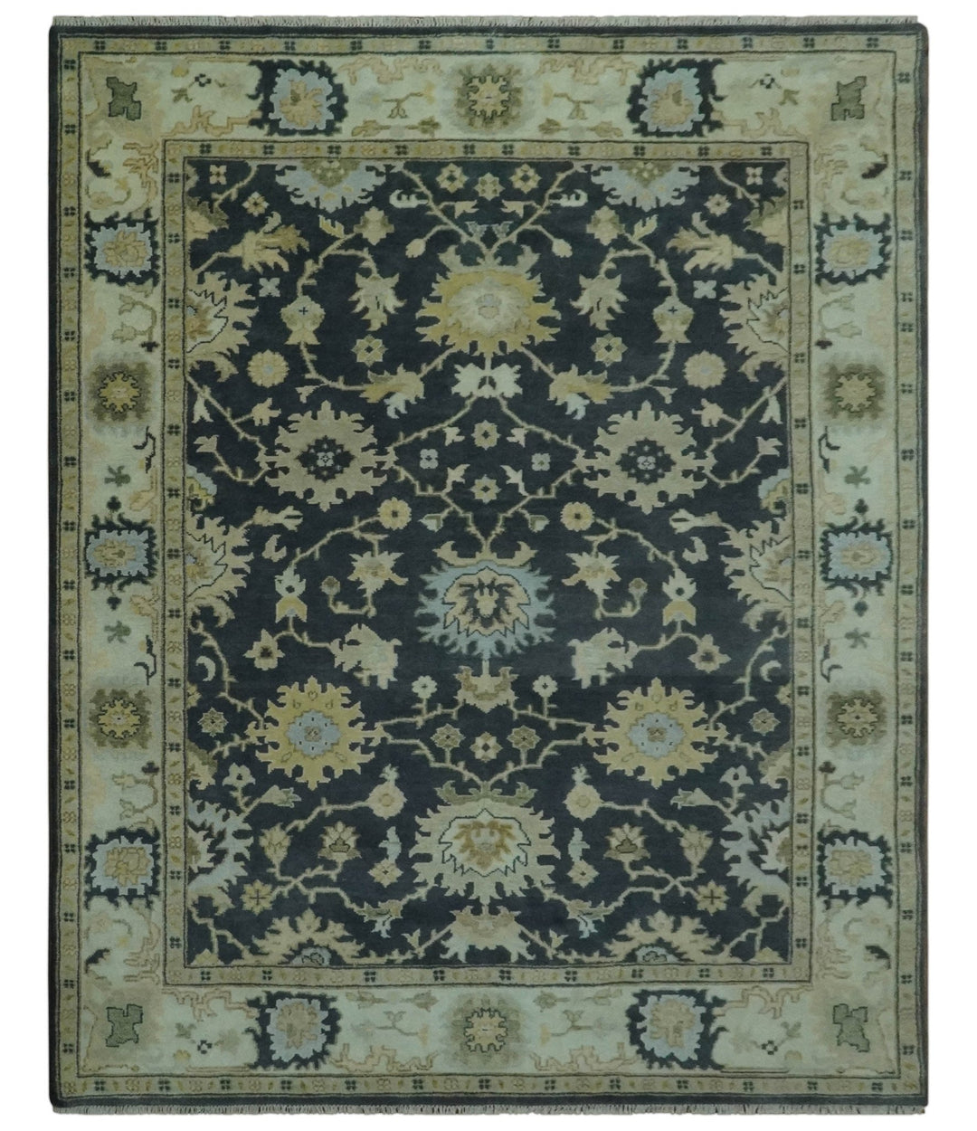 Black, Silver and Olive Oushak Hand Knotted Custom Made Wool Rug - The Rug Decor