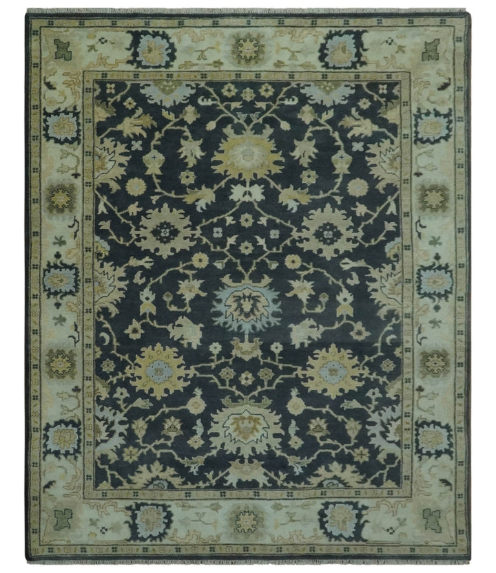 Black, Silver and Olive Oushak Hand Knotted Custom Made Wool Rug - The Rug Decor