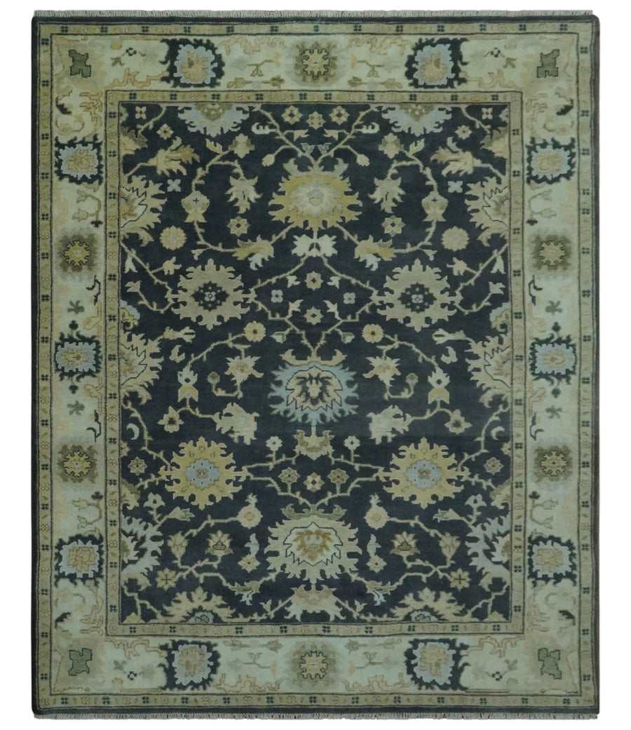 Black, Silver and Olive Oushak Hand Knotted Custom Made Wool Rug - The Rug Decor