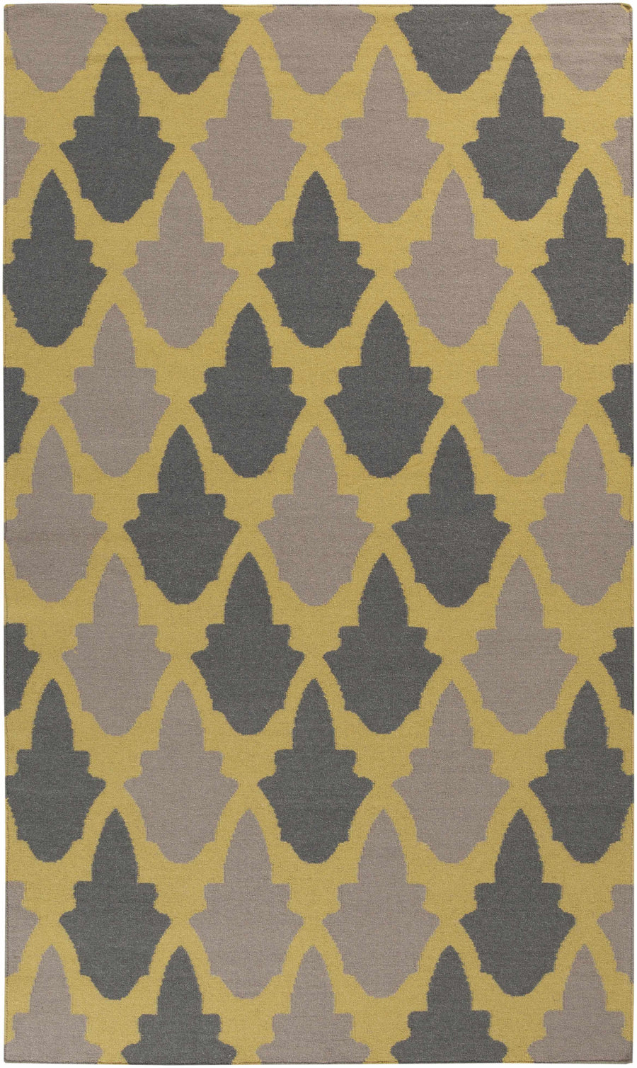 Contemporary geometrical area rug with olive and charcoal quatrefoil pattern