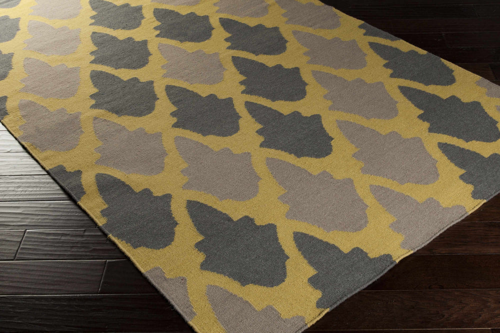 Contemporary geometrical area rug in olive and charcoal with corner geometric pattern