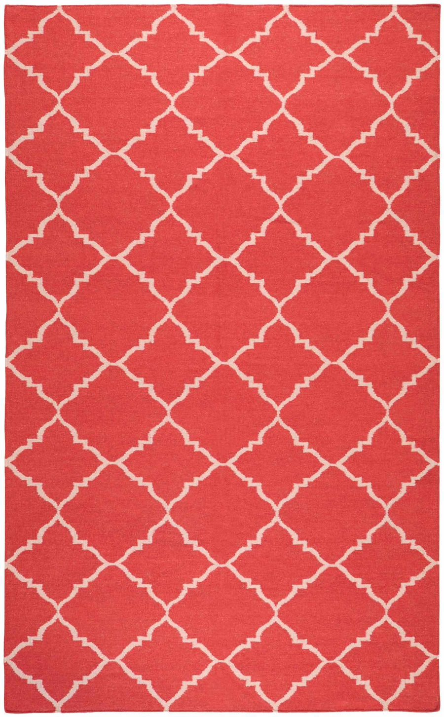 Red woven area rug with white quatrefoil geometric trellis pattern