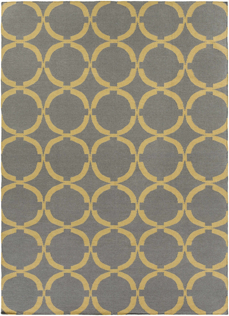 Gray and mustard geometric circular pattern handwoven area rug, square shape