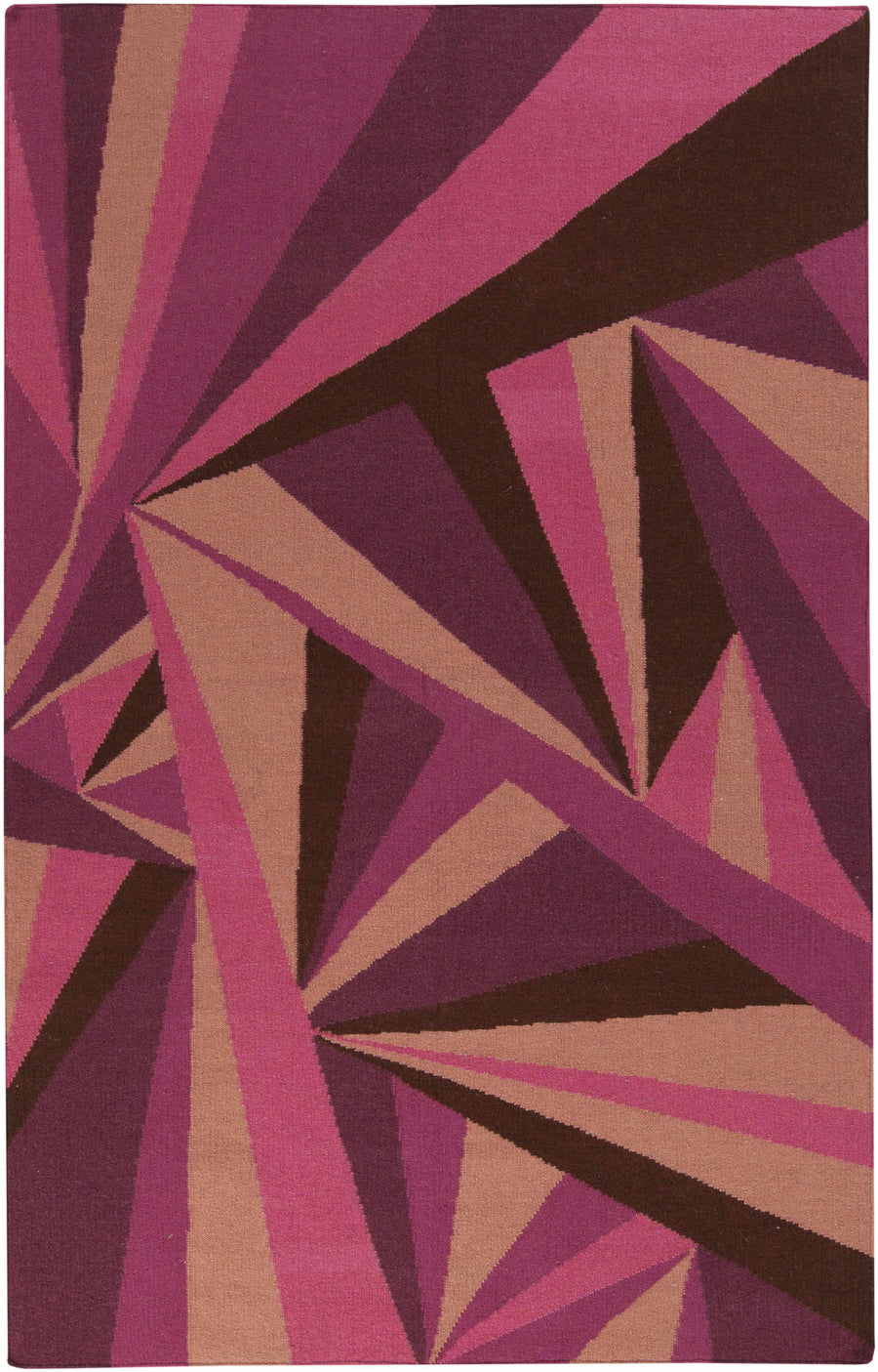 Pink woven wool area rug with geometric starburst rays in magenta, tan, and dark brown