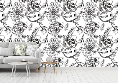 Blossom Floral Printed White and Black Self - Adhesive Wallpaper - The Rug Decor