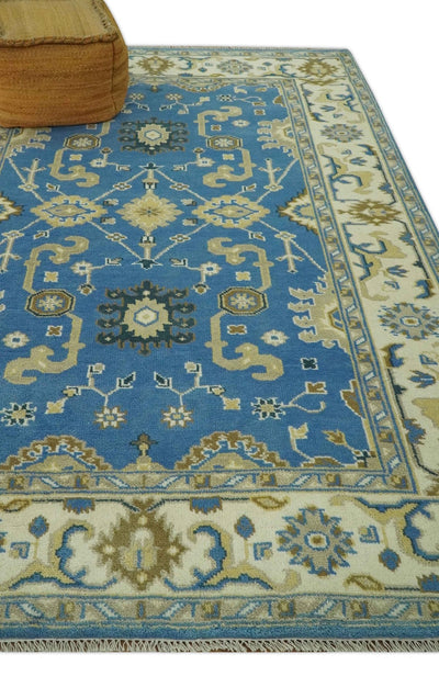 Blue and Beige 6x9 Hand Knotted Traditional Oushak wool area rug - The Rug Decor