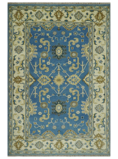 Blue and Beige 6x9 Hand Knotted Traditional Oushak wool area rug - The Rug Decor