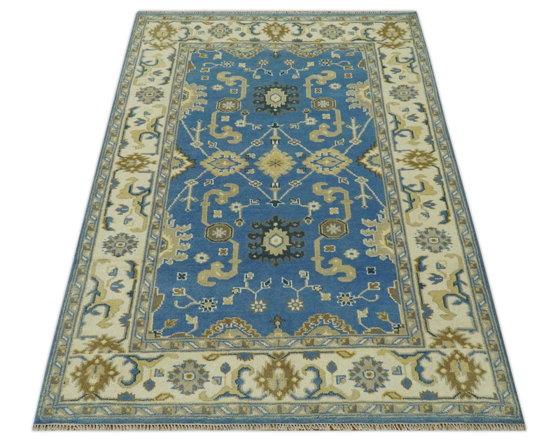 Blue and Beige 6x9 Hand Knotted Traditional Oushak wool area rug - The Rug Decor