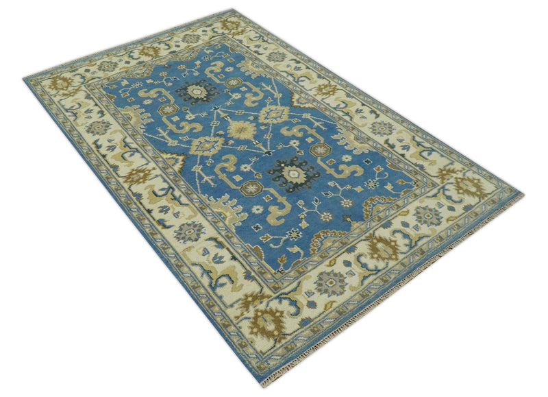 Blue and Beige 6x9 Hand Knotted Traditional Oushak wool area rug - The Rug Decor