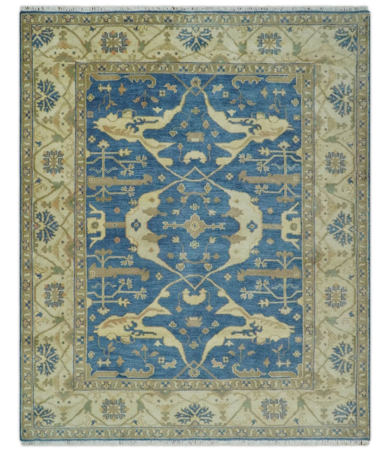 Blue and Beige Hand Knotted Traditional Oriental Oushak 8x10 wool Area Rug - The Rug Decor