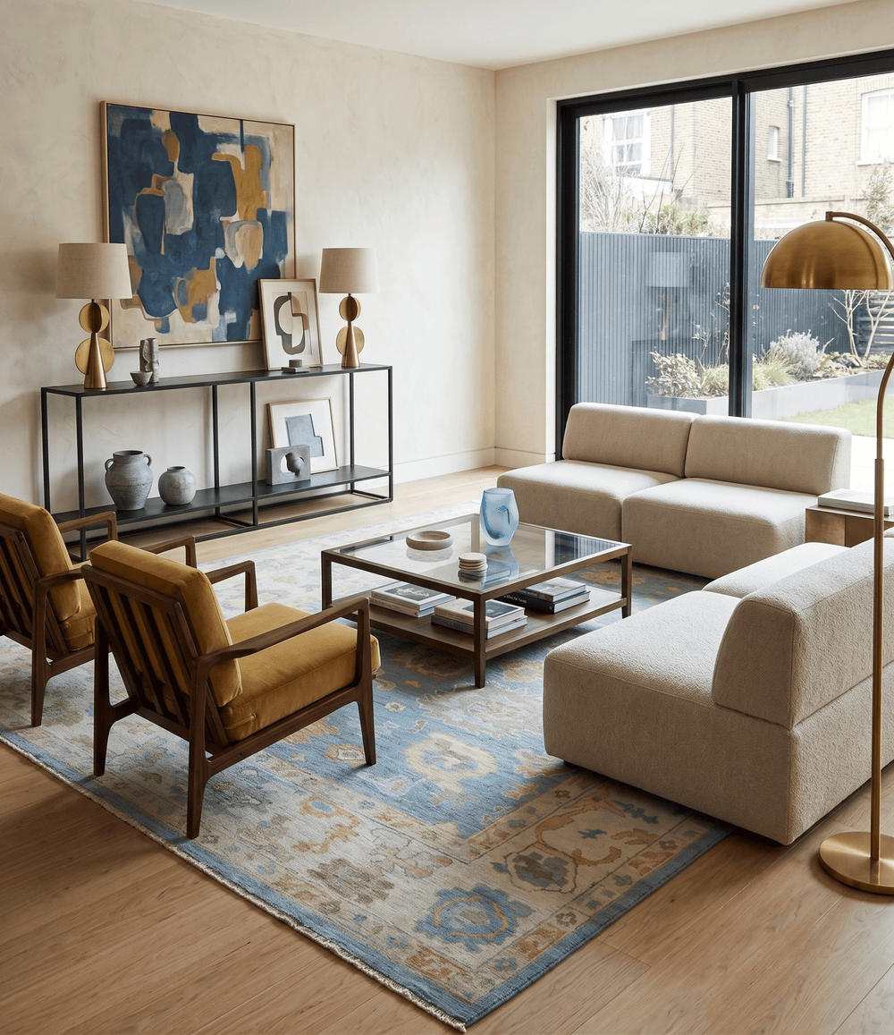 Blue and Beige Hand Knotted Traditional Oushak Design wool Rug - The Rug Decor