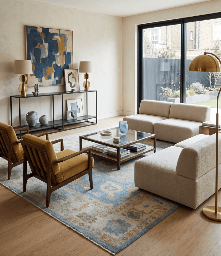 Blue and Beige Hand Knotted Traditional Oushak Design wool Rug - The Rug Decor