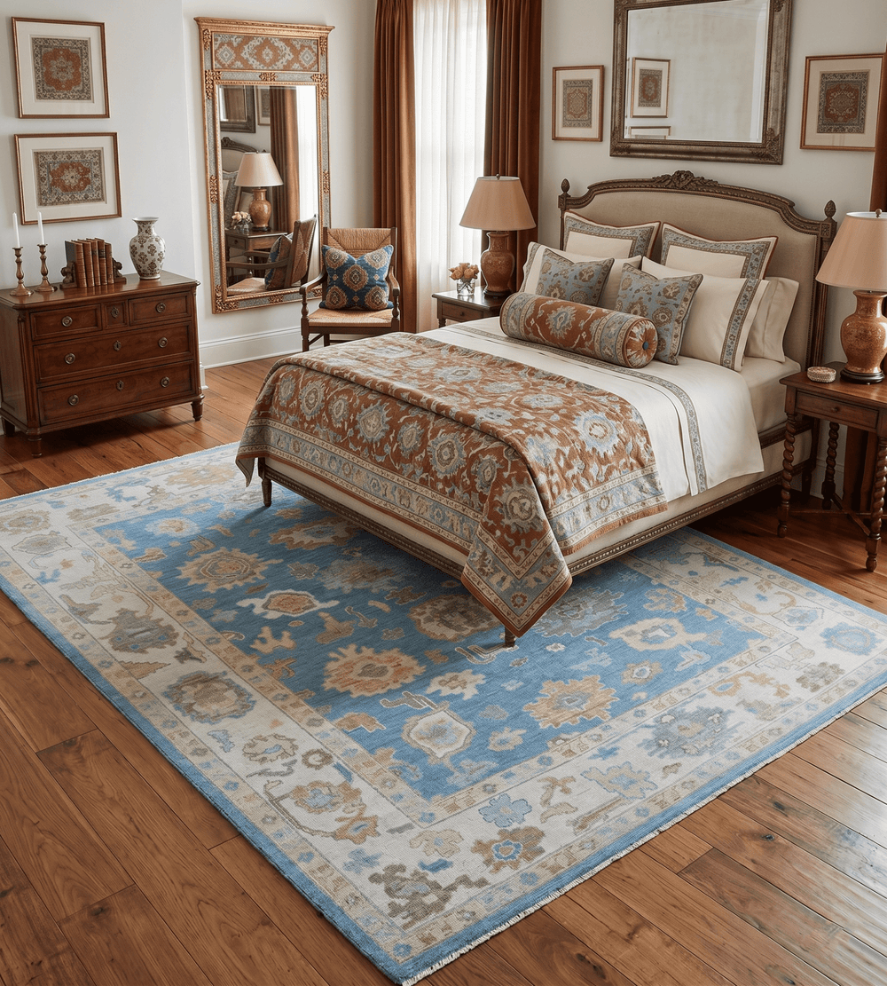 Blue and Beige Hand Knotted Traditional Oushak Design wool Rug - The Rug Decor
