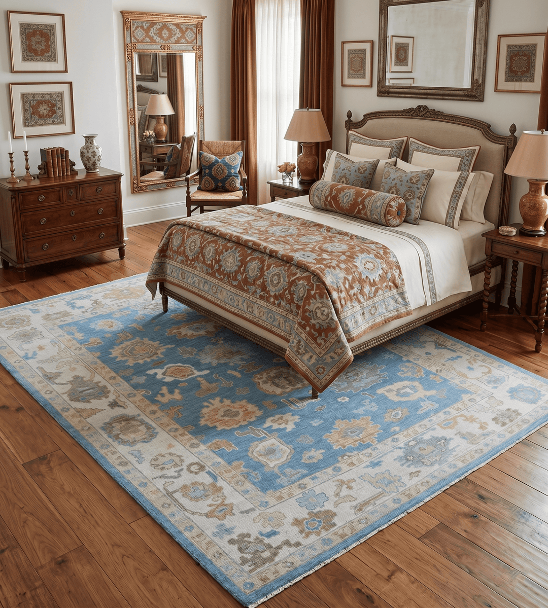 Blue and Beige Hand Knotted Traditional Oushak Design wool Rug - The Rug Decor