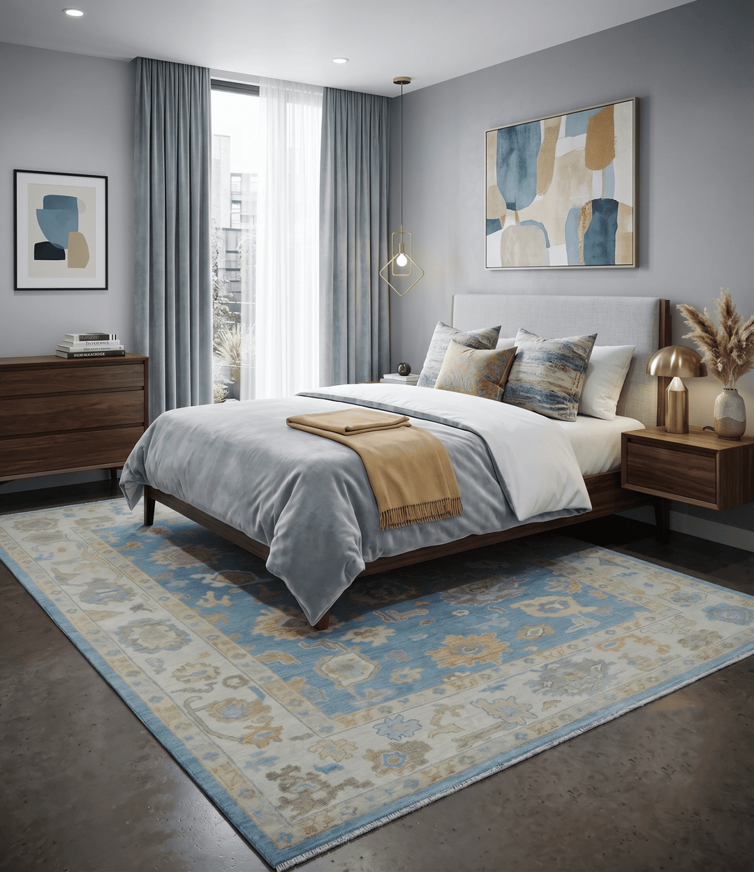 Blue and Beige Hand Knotted Traditional Oushak Design wool Rug - The Rug Decor