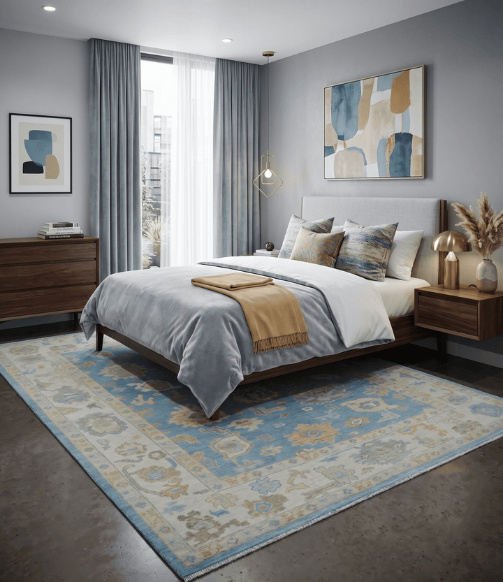Blue and Beige Hand Knotted Traditional Oushak Design wool Rug - The Rug Decor