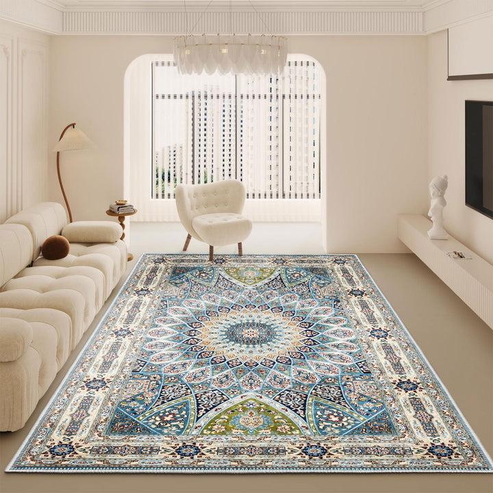 Blue And Beige Medallion Machine Washable Cotton Area Rug - The Rug Decor
