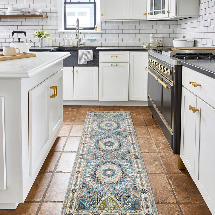 Blue And Beige Medallion Machine Washable Cotton Area Rug - The Rug Decor