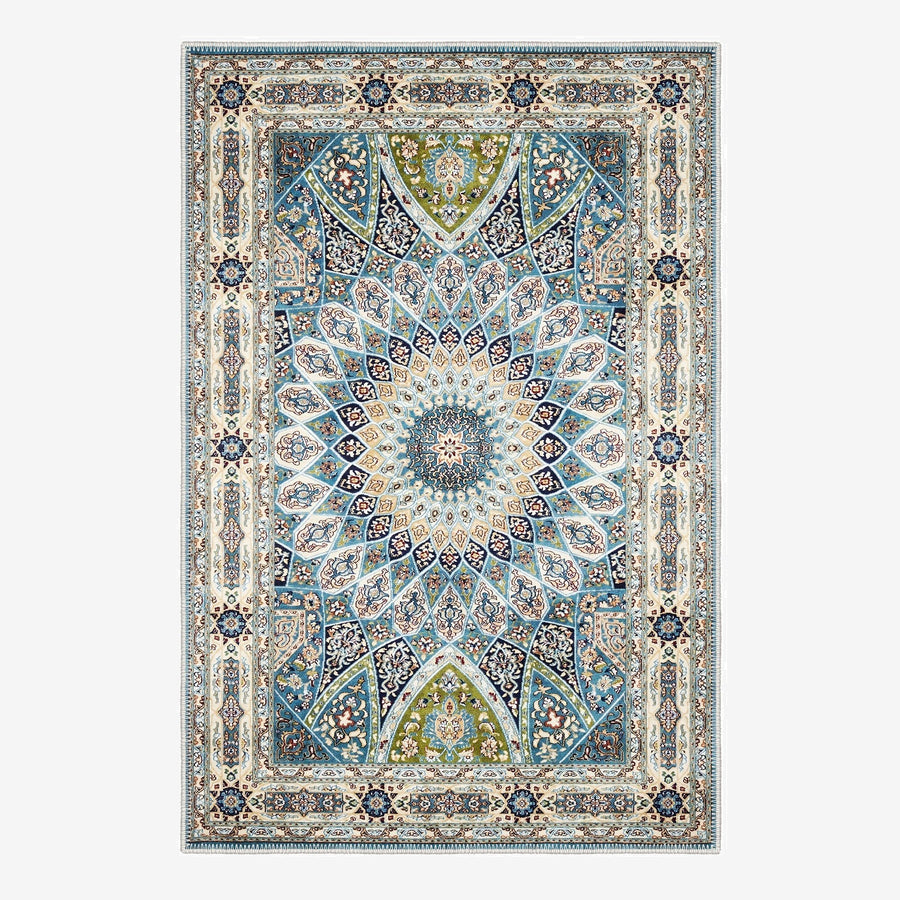 Blue And Beige Medallion Machine Washable Cotton Area Rug - The Rug Decor