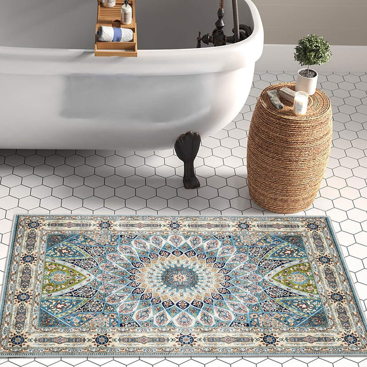 Blue And Beige Medallion Machine Washable Cotton Area Rug - The Rug Decor