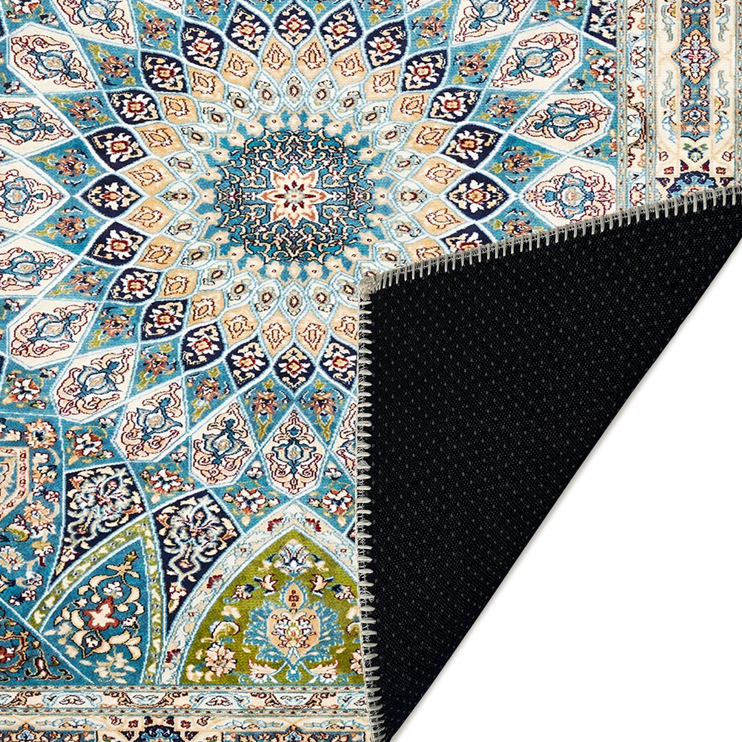 Blue And Beige Medallion Machine Washable Cotton Area Rug - The Rug Decor