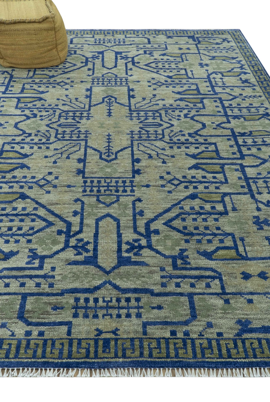 Blue And Beige Modern Geometrical Design Hand Knotted Custom Made Wool Area Rug - The Rug Decor