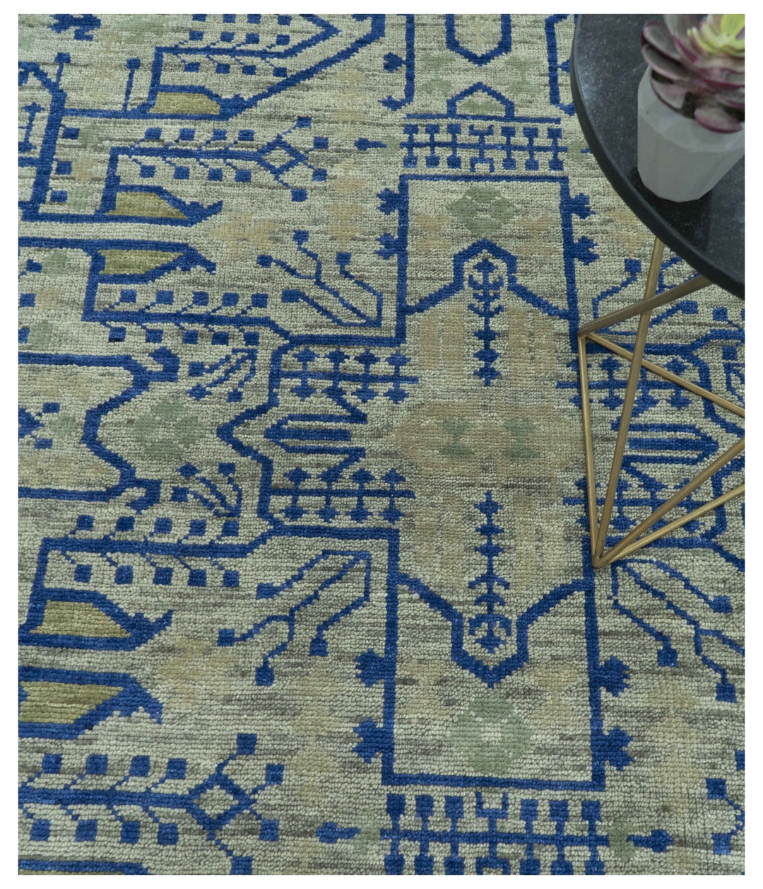 Blue And Beige Modern Geometrical Design Hand Knotted Custom Made Wool Area Rug - The Rug Decor