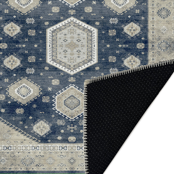 Blue And Beige Traditional Medallion Machine Washable Area Rug - The Rug Decor