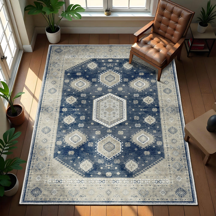 Blue And Beige Traditional Medallion Machine Washable Area Rug - The Rug Decor