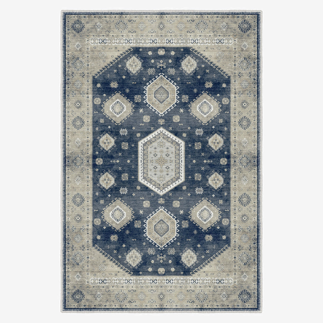 Blue And Beige Traditional Medallion Machine Washable Area Rug - The Rug Decor