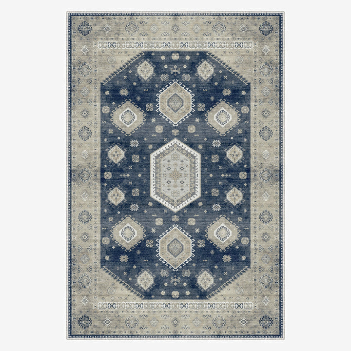 Blue And Beige Traditional Medallion Machine Washable Area Rug - The Rug Decor