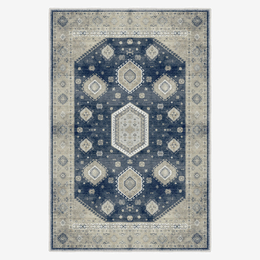 Blue And Beige Traditional Medallion Machine Washable Area Rug - The Rug Decor