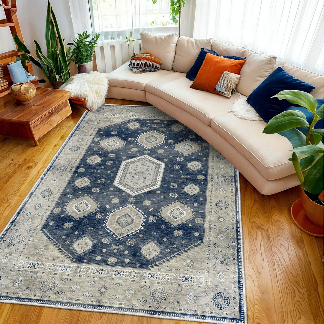 Blue And Beige Traditional Medallion Machine Washable Area Rug - The Rug Decor
