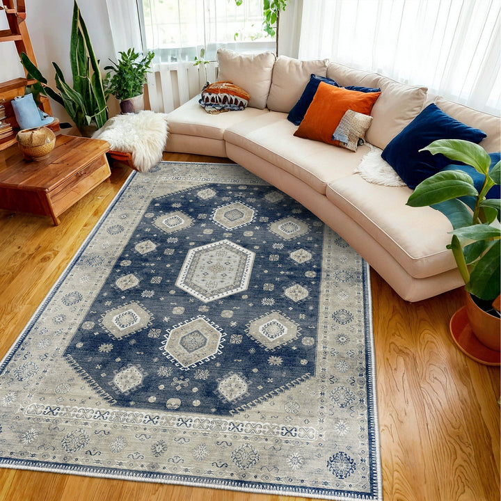 Blue And Beige Traditional Medallion Machine Washable Area Rug - The Rug Decor