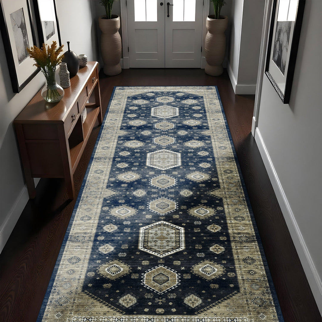 Blue And Beige Traditional Medallion Machine Washable Area Rug - The Rug Decor