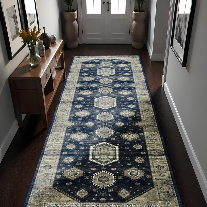 Blue And Beige Traditional Medallion Machine Washable Area Rug - The Rug Decor