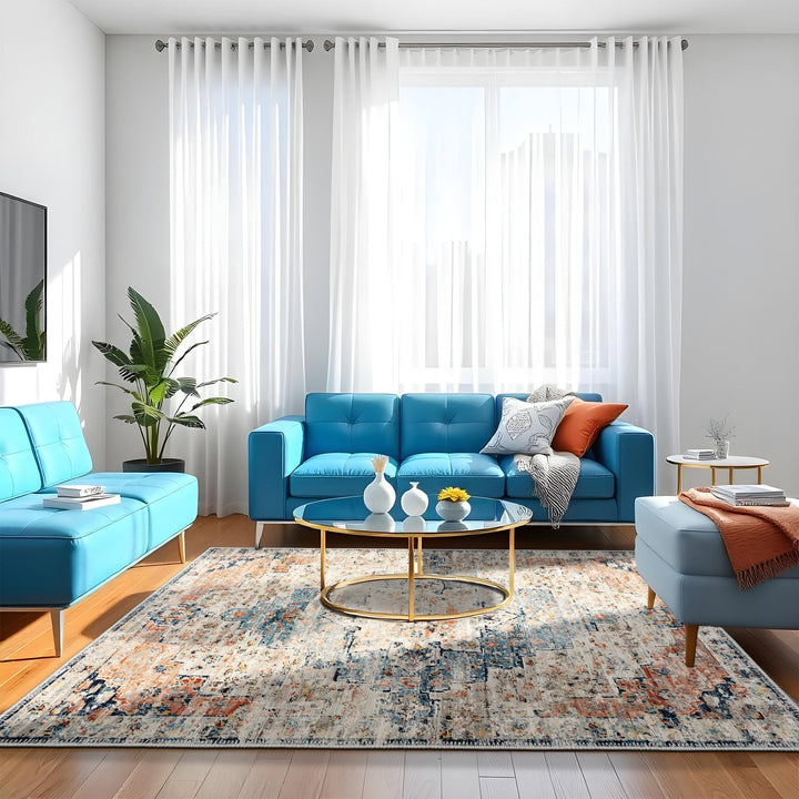 Blue And Beige Transitional Design Machine Washable Area Rug - The Rug Decor