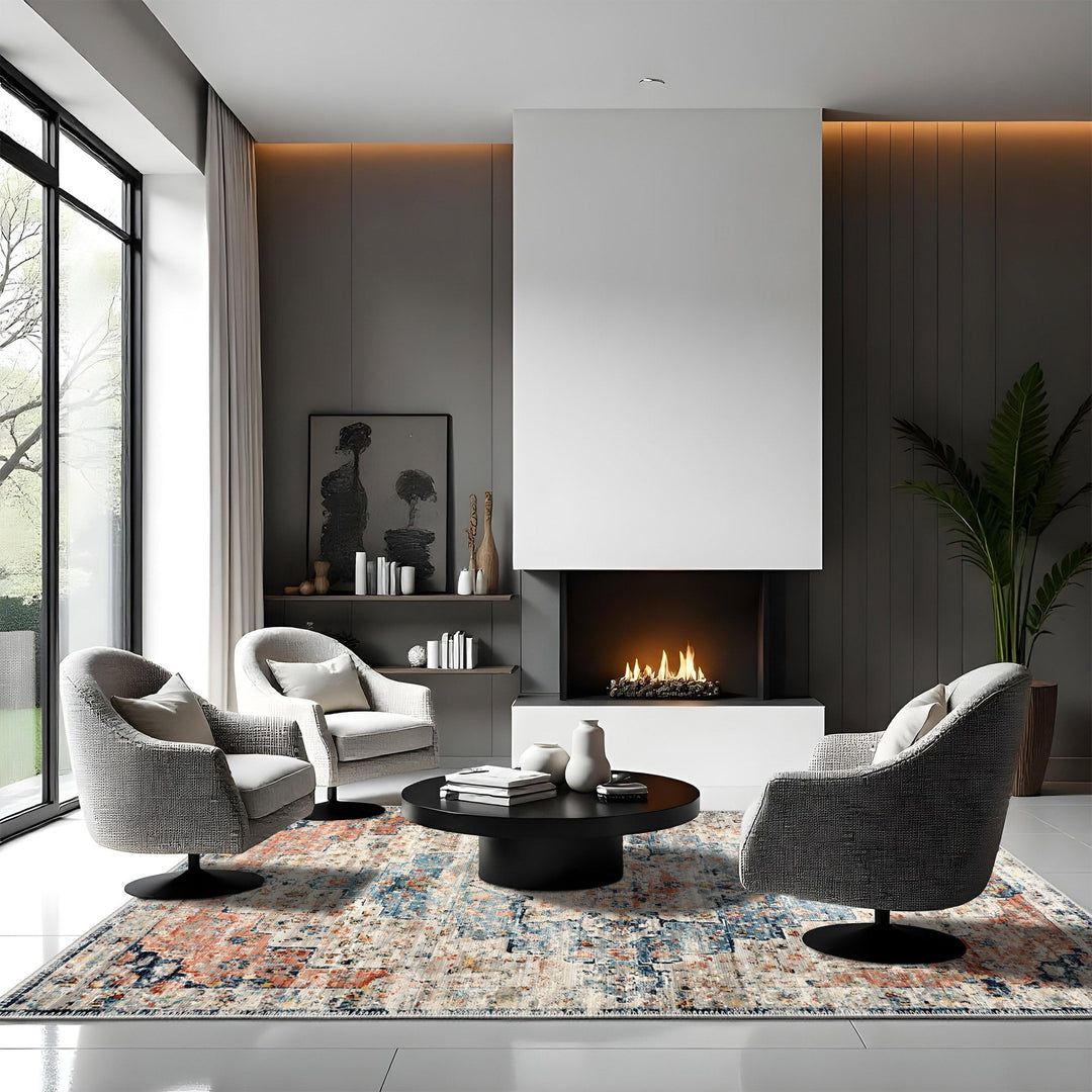 Blue And Beige Transitional Design Machine Washable Area Rug - The Rug Decor