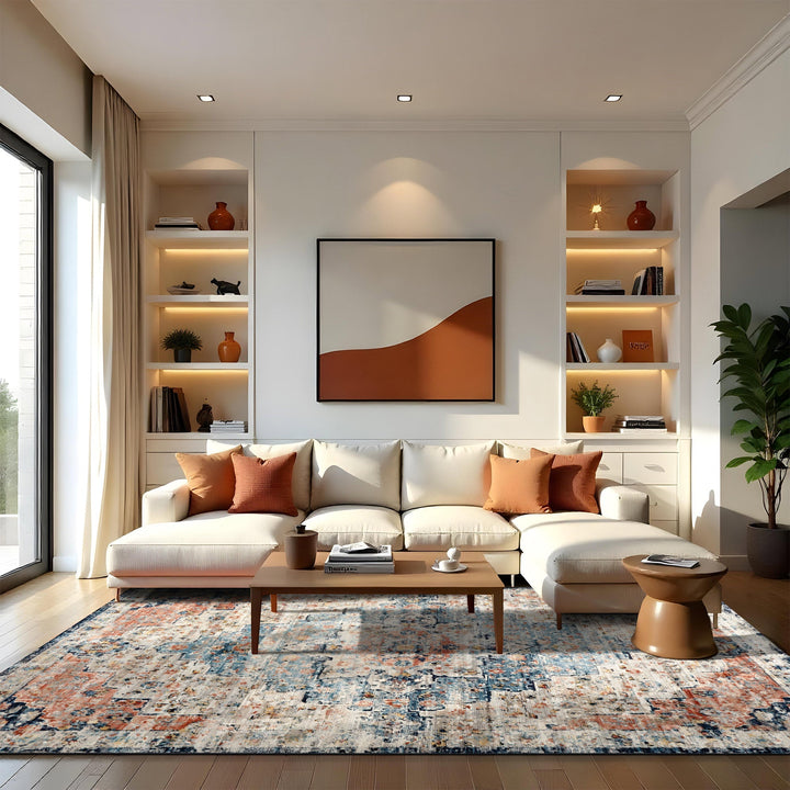 Blue And Beige Transitional Design Machine Washable Area Rug - The Rug Decor