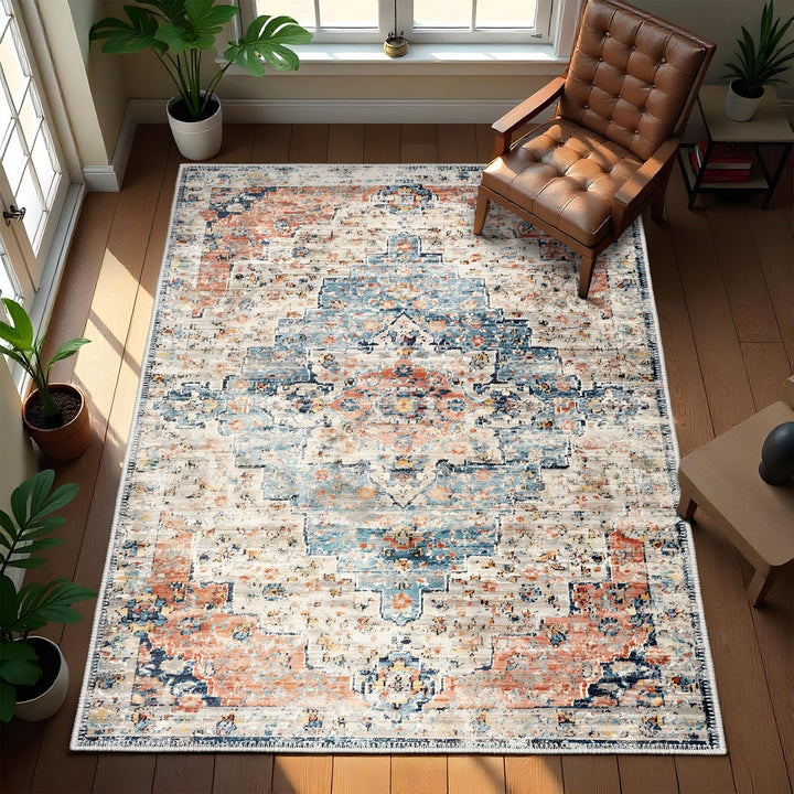 Blue And Beige Transitional Design Machine Washable Area Rug - The Rug Decor