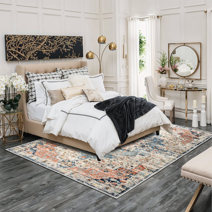 Blue And Beige Transitional Design Machine Washable Area Rug - The Rug Decor