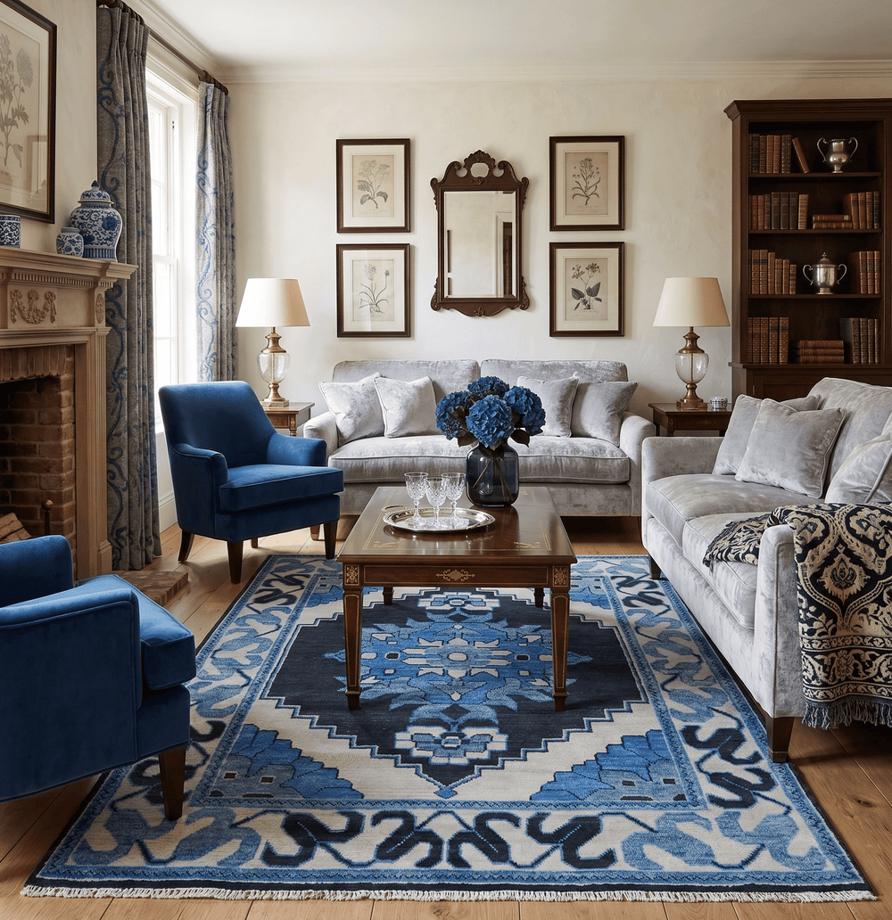Blue and Black Hand Knotted Traditional Heriz Multi Size Wool Area Rug - The Rug Decor