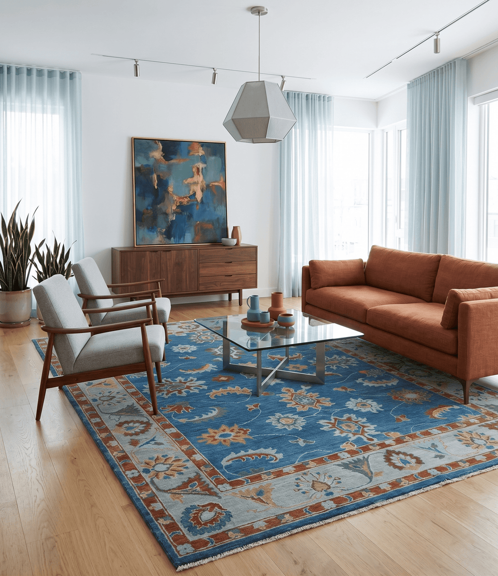 Blue And Brown Hand Knotted Floral Oushak Wool Area Rug - The Rug Decor