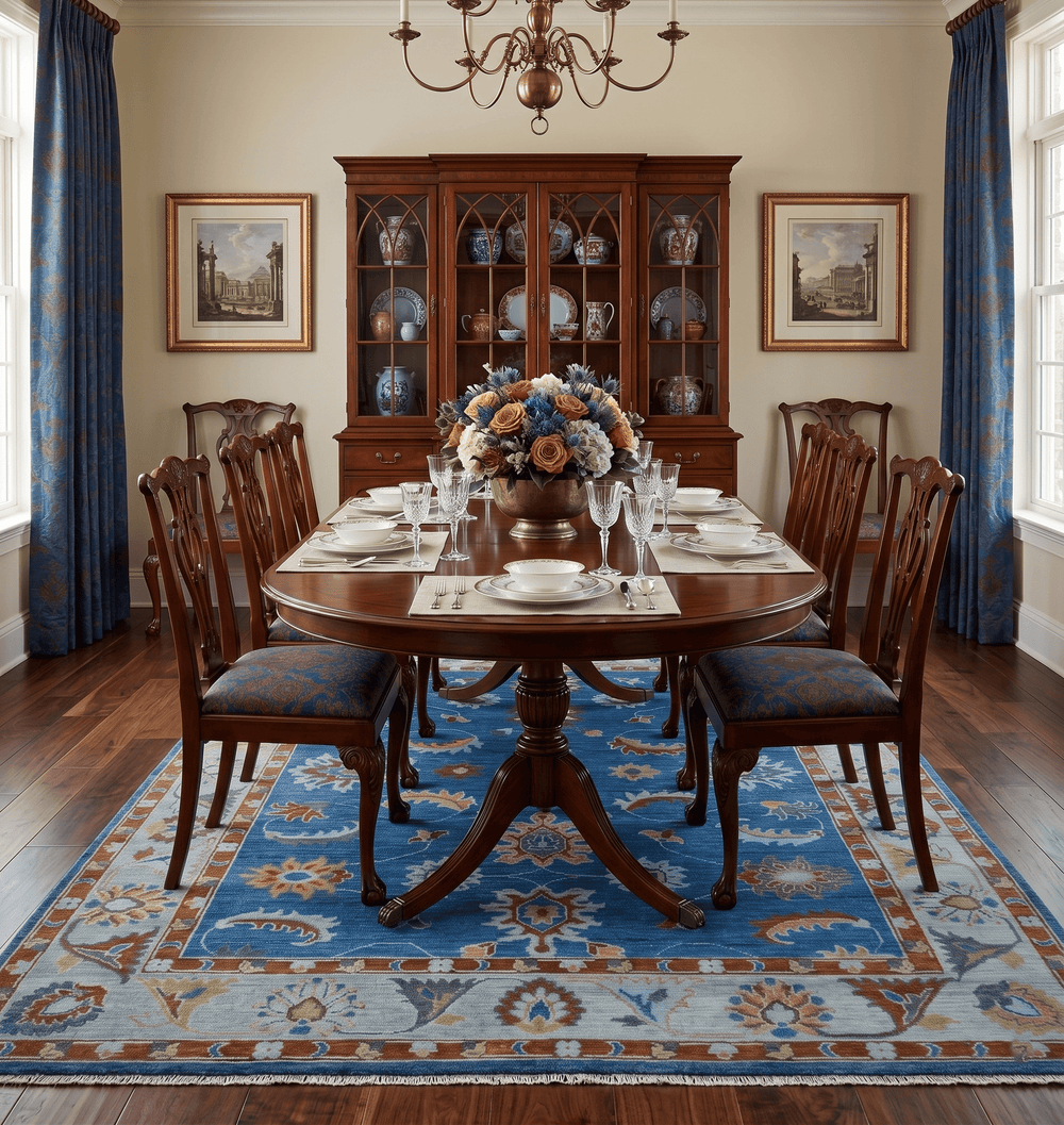 Blue And Brown Hand Knotted Floral Oushak Wool Area Rug - The Rug Decor