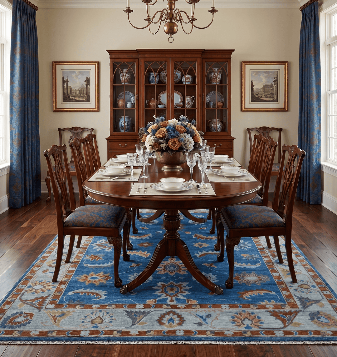 Blue And Brown Hand Knotted Floral Oushak Wool Area Rug - The Rug Decor