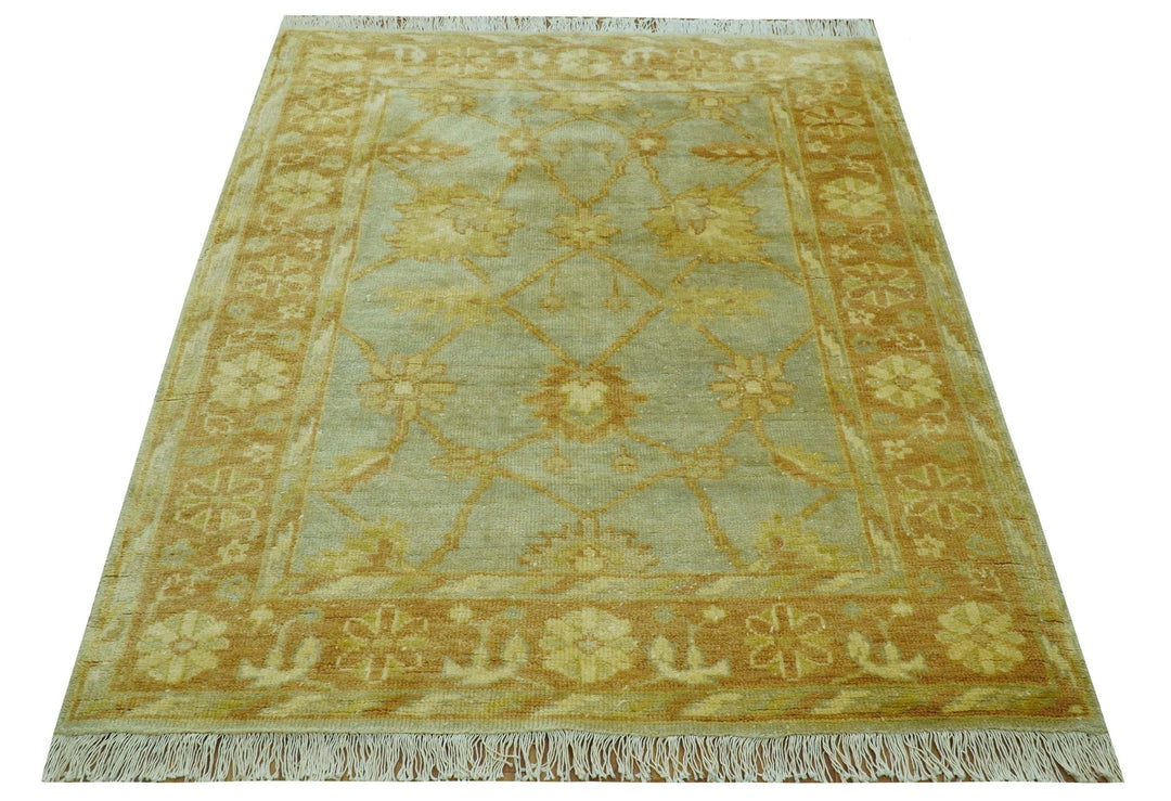 Blue And Brown Traditional Oushak Design 4x6 Hand Knotted Wool Area Rug - The Rug Decor