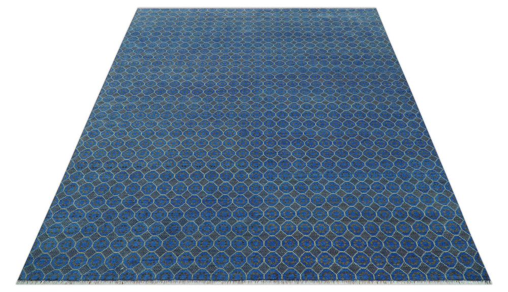 Blue and Charcoal geometrical honey comb design Hand knotted 8x9.6 wool Area Rug - The Rug Decor