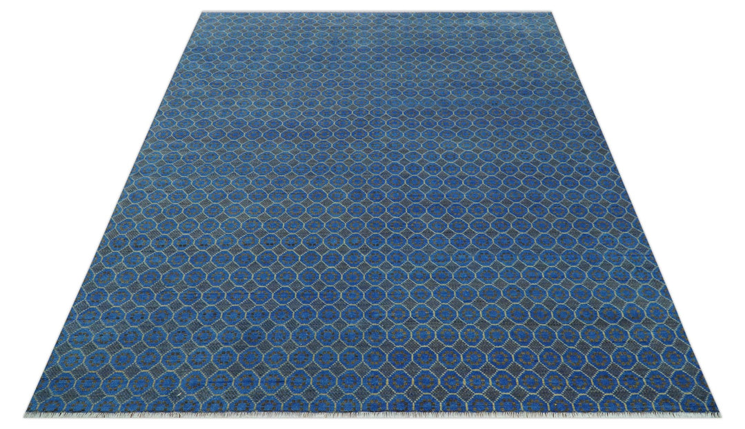 Blue and Charcoal geometrical honey comb design Hand knotted 8x9.6 wool Area Rug - The Rug Decor